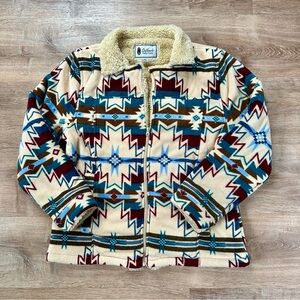 Aztec Western Print Fleece Sherpa Lined Zip Up Jacket Size XL Bright Colourful